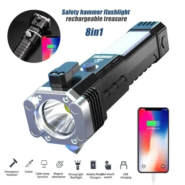  Torch Light,LED 3W Torch Light Rechargeable Torch Flashlight,Long Distance Beam Range Car Rescue Torch with Hammer Window Glass and Seat Belt Cutter Built