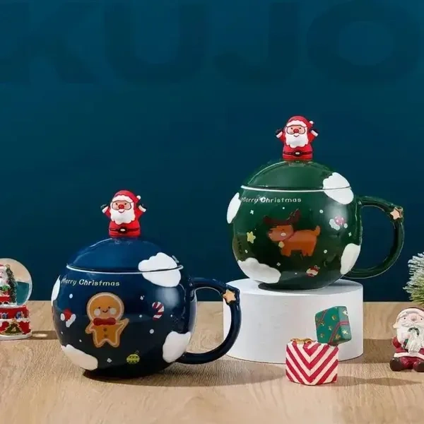 Merry Christmas Coffee Mug with Santa Claus Pattern Bubble Ceramic Shape | Spoon Lid Procelain Cappuccino Cup Tea Mug | Milk Drinking Cup Holiday Christmas Gift Red