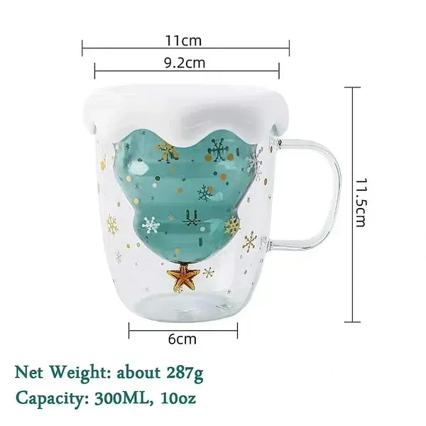 Rain House Fun Christmas Coffee Mugs Holiday Cups, 10oz Double Wall Glass Tableware with Lid and Handle, Tree Snowflake Glassware for Tea, Milk, Beverage, Juice, Water, 300ML (With Lid)