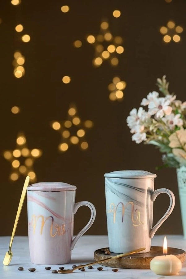 CPENSUS Ceramic Marble Finish Coffee Mug With Lid & Spoon For Anniversary Wedding Engagement Valentine Gifts For Couple 380 ML