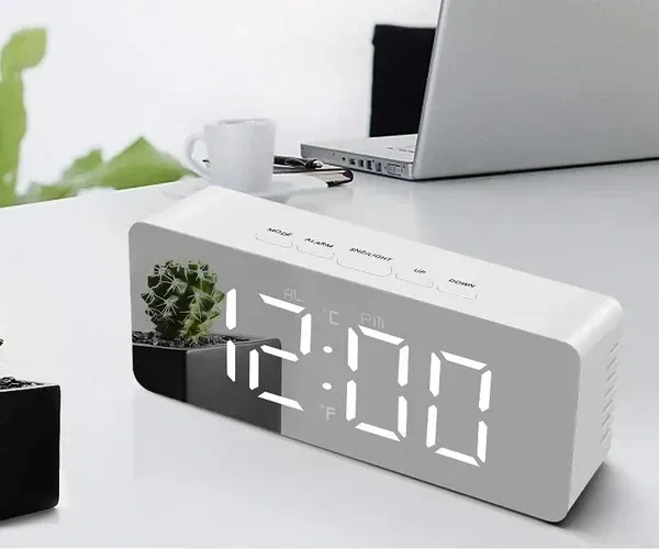 Honestum Digital LED Alarm Clock, Mirror Alarm Clock for Heavy Sleepers Kids Large LED Display with Snooze Time Temperature Function for Bedroom, Office, Travel - Battery Powered & USB Powered (White)