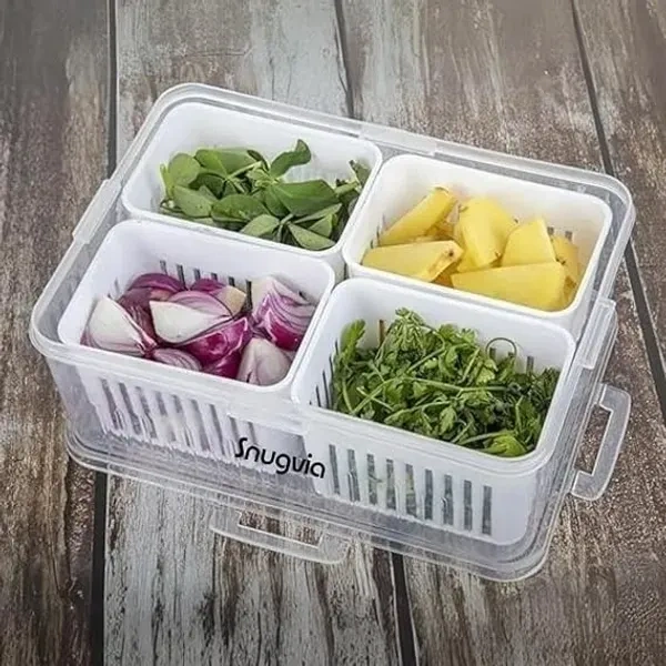 Snugvia 4-in-1 Fridge Storage Box with Airtight Lids, Divided Food Prep Containers for Veggies, Snacks, and Fruits – Durable, Transparent Organizer for Kitchen Storage with Draining System