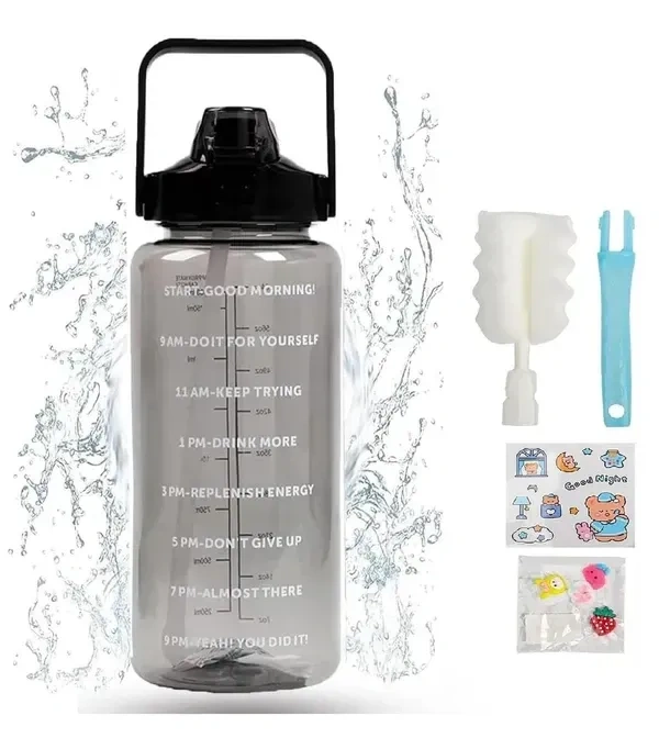 JNT 2L Capacity Belt Straw Transparent Motivational Water Bottle for Office, School, College & Gym Time Marker Leak Proof & Break-Proof BPA-Free (Multi)