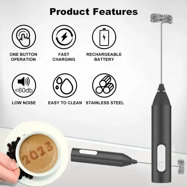 Rechargeable Milk Frother – Handheld Electric Coffee Frother with USB-C Charging, 3-Speed Stainless Steel Whisk for Lattes, Matcha, Hot Chocolate, and Frappe