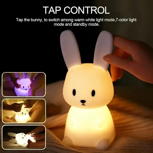 Bunny Night Light For Kids, Cute Animal Night Lamp For Nursery,Kawaii Squishy Silicone Bunny Touch Lights,Portable With Usb Rechargeable, Gifts For Baby Girls And Boys (Bunny) - Led, White