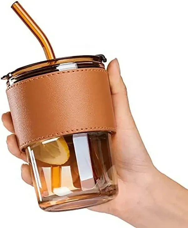 KRIOM Leather Grip Coffee Cup Sipper Glass with Straw, Mug with Straw Coffee Cup, Coffee Mug with Lid, Spper Cup for Adults, Glass Bottle with Straw Coffee (Set of 1)