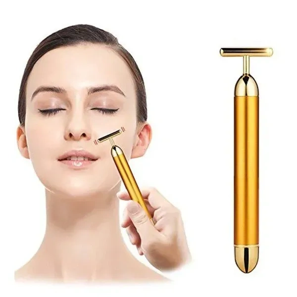 Dealsure 24k Gold Energy Beauty Bar Electric Vibration Facial Massage Roller Waterproof Face Skin Care T-Shaped Anti Wrinkle Massager for Forehead Cheek Neck Clavicle Arm (Gold Colour)