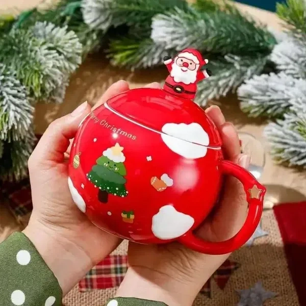 Merry Christmas Coffee Mug with Santa Claus Pattern Bubble Ceramic Shape | Spoon Lid Procelain Cappuccino Cup Tea Mug | Milk Drinking Cup Holiday Christmas Gift Red