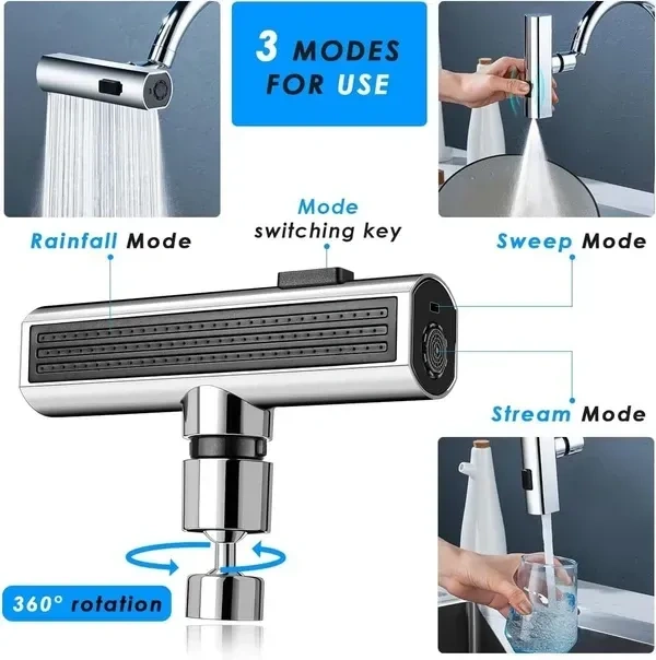 3 in 1 Waterfall Kitchen Faucet 360° Swivelling Anti-Splash Sink Faucet Sprayer Adapter Waterfall Faucet with Pull Down Sprayer Universal Tap Extender for Kitchen and Bathroom Sink and Wash Basin