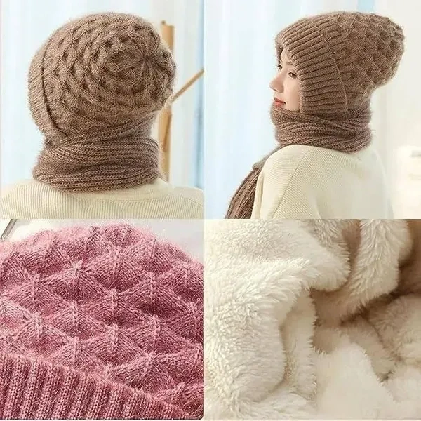 LETURE® Women’s 2-in-1 Integrated Hat & Scarf, Windproof Winter Woolen Cap with Ear Protection, Cold-Resistant Fleece Lining, Soft & Comfortable for Winter Activities Multicolour, 1 pic