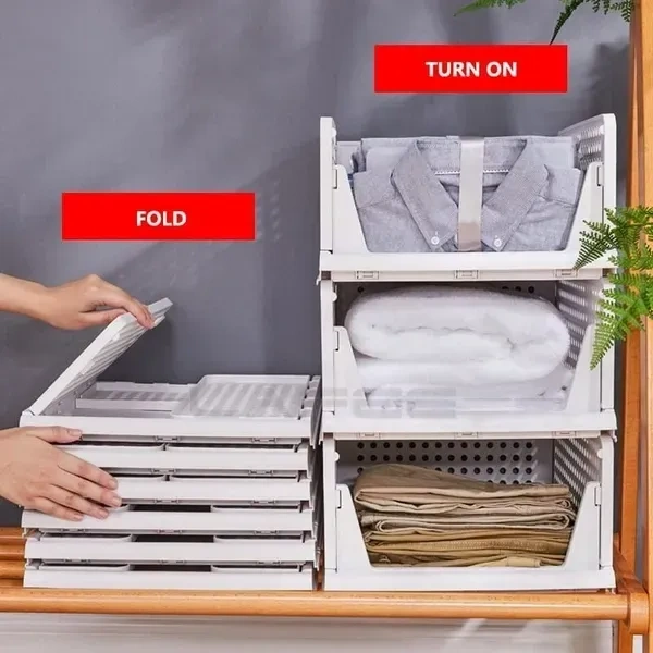 VERAT 1 PCS Plastic Foldable & Stackable Organizers Rack | Drawer Shelf Storage Container for Home Wardrobe & Cupboard Large White