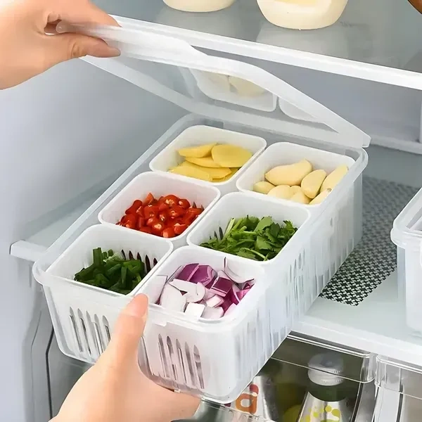 FROWWY 6-in-1 Fridge Storage Boxes | Multipurpose Freezer Storage Containers for Kitchen | Vegetable Storage, Draining Crisper, and Refrigerator Food Box