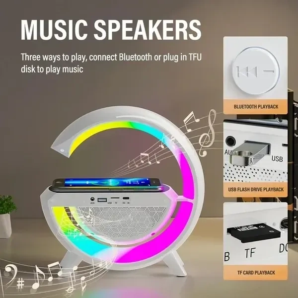 Multi-Function Bluetooth Speaker Lamp with Wireless Fast Charging, RGB Light with 8 Music Sync Modes, Dimmable Night Light Bedside Lamp for Android