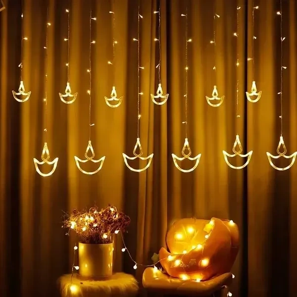 Warm White Diya/Diwali Light Curtain, Led String Copper Lights with Pack of 6+6 Hanging Diyas