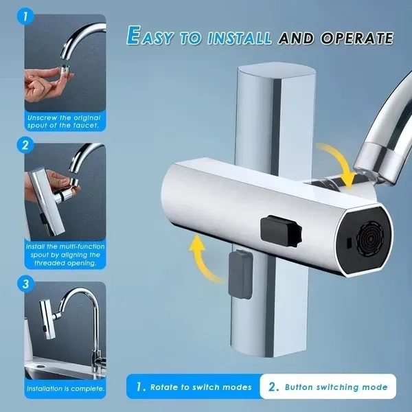 3 in 1 Waterfall Kitchen Faucet 360° Swivelling Anti-Splash Sink Faucet Sprayer Adapter Waterfall Faucet with Pull Down Sprayer Universal Tap Extender for Kitchen and Bathroom Sink and Wash Basin