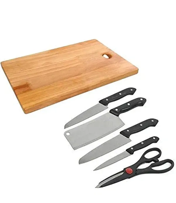 Concepta Wooden Chopping Board with Knife Set and Scissor, 6 Piece Stainless Steel Kitchen Knife Knives Set with Knife Scissor, Knife Sets (Wooden Brown Color)