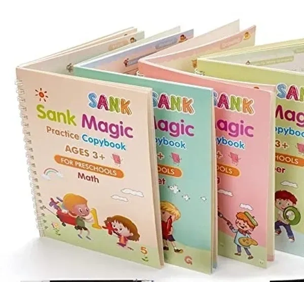 SHOPPOSTREET Sank Magic Practice Copybook, (4 BOOK + 10 REFILL+ 2 Pen +2 Grip) Number Tracing Book for Preschoolers with Pen, Magic Calligraphy Copybook Set Practical Reusable Writing Tool Simple Hand Lettering
