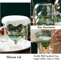 Rain House Fun Christmas Coffee Mugs Holiday Cups, 10oz Double Wall Glass Tableware with Lid and Handle, Tree Snowflake Glassware for Tea, Milk, Beverage, Juice, Water, 300ML (With Lid)