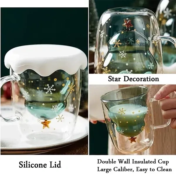 Rain House Fun Christmas Coffee Mugs Holiday Cups, 10oz Double Wall Glass Tableware with Lid and Handle, Tree Snowflake Glassware for Tea, Milk, Beverage, Juice, Water, 300ML (With Lid)