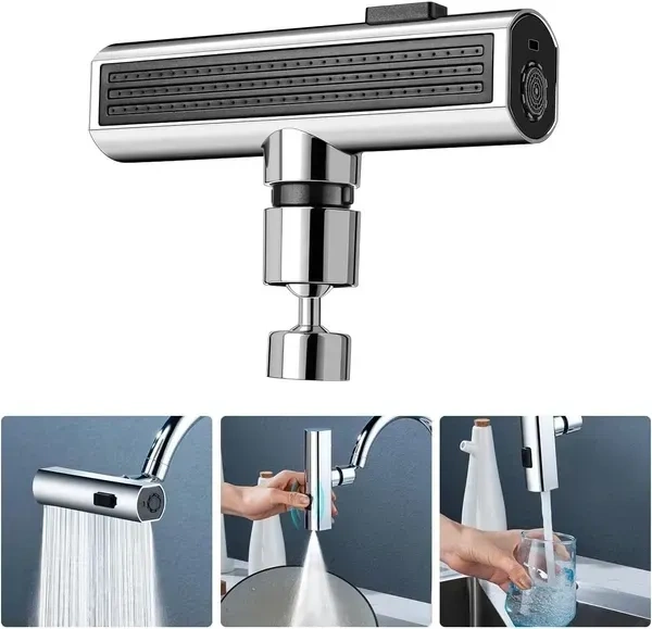 3 in 1 Waterfall Kitchen Faucet 360° Swivelling Anti-Splash Sink Faucet Sprayer Adapter Waterfall Faucet with Pull Down Sprayer Universal Tap Extender for Kitchen and Bathroom Sink and Wash Basin