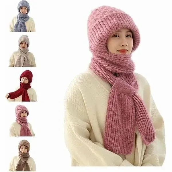 LETURE® Women’s 2-in-1 Integrated Hat & Scarf, Windproof Winter Woolen Cap with Ear Protection, Cold-Resistant Fleece Lining, Soft & Comfortable for Winter Activities Multicolour, 1 pic