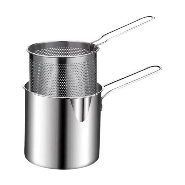 DAYANIDHI Small Deep Frying Pot with Strainer Basket | 1200ml Stainless Steel Pan with Handle | Ideal for Frying French Fries/Chicken Wings/Shrimp/Fish/Boiling Butter/Sauce/Gravies/Pasta(1Piece)