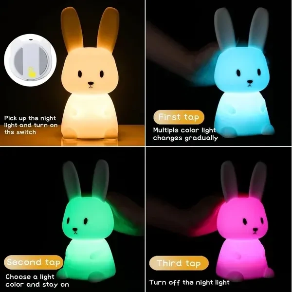 Bunny Night Light For Kids, Cute Animal Night Lamp For Nursery,Kawaii Squishy Silicone Bunny Touch Lights,Portable With Usb Rechargeable, Gifts For Baby Girls And Boys (Bunny) - Led, White