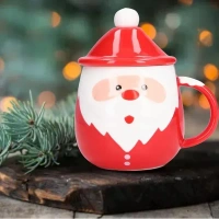 Merry Christmas Coffee Mug with Santa Claus Pattern Bubble Ceramic Shape | Spoon Lid Procelain Cappuccino Cup Tea Mug | Milk Drinking Cup Holiday Christmas Gift Red (Santa Mug II, 1)