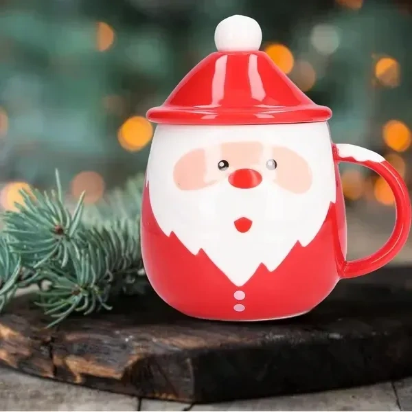 Merry Christmas Coffee Mug with Santa Claus Pattern Bubble Ceramic Shape | Spoon Lid Procelain Cappuccino Cup Tea Mug | Milk Drinking Cup Holiday Christmas Gift Red (Santa Mug II, 1)