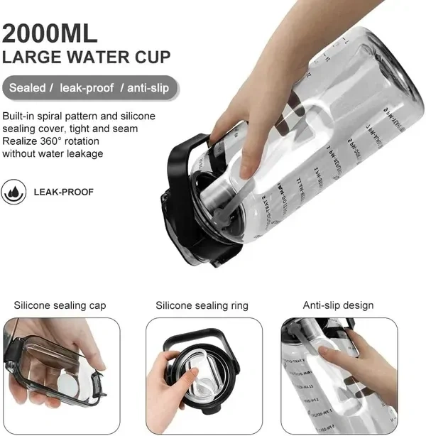 JNT 2L Capacity Belt Straw Transparent Motivational Water Bottle for Office, School, College & Gym Time Marker Leak Proof & Break-Proof BPA-Free (Multi)