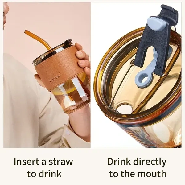 KRIOM Leather Grip Coffee Cup Sipper Glass with Straw, Mug with Straw Coffee Cup, Coffee Mug with Lid, Spper Cup for Adults, Glass Bottle with Straw Coffee (Set of 1)