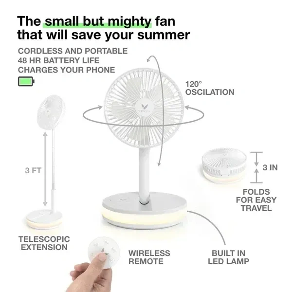 Drake 3 Speed Adjustable Folding Telescopic Table Fan, Rechargeable Mini Folding Fan Cooling Portable Mini Electric Outdoor Fan
