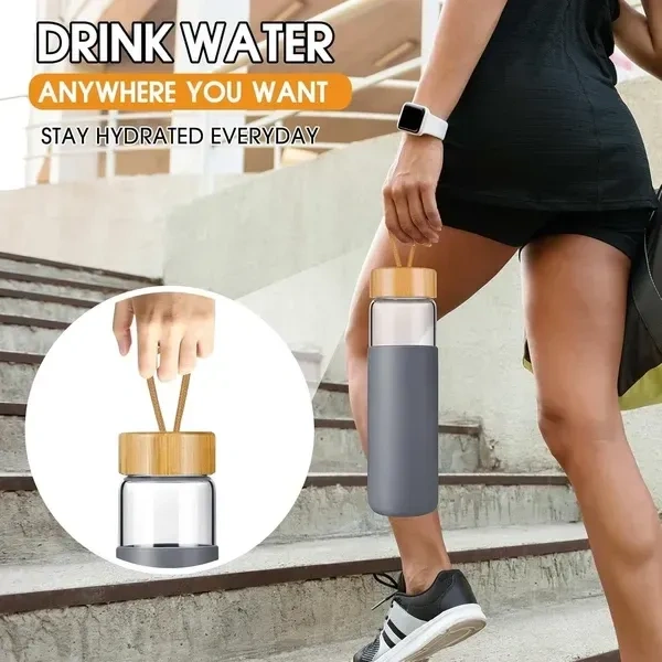 550 ML Borosilicate Glass Water Bottle with Bamboo Lid and Silicone Sleeve - BPA-Free