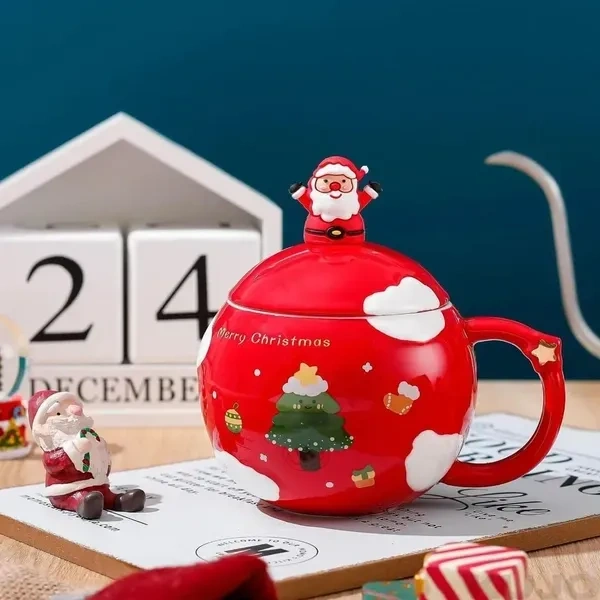 Merry Christmas Coffee Mug with Santa Claus Pattern Bubble Ceramic Shape | Spoon Lid Procelain Cappuccino Cup Tea Mug | Milk Drinking Cup Holiday Christmas Gift Red