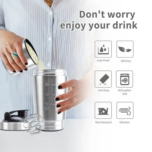 Stainless Steel Gym Shaker Bottle with Extra Storage(with Spring Ball),100% Leak Proof and Food Grade,750ml