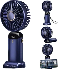 Portable Fan Mini Handheld Blue Fan with Digital Display Small USB Rechargeable Personal Pocket Fan with 5 Speeds Foldable Desk Fan with Lanyard and Base for Home Travel，170007