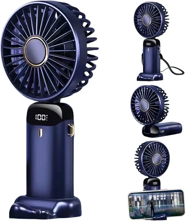 Portable Fan Mini Handheld Blue Fan with Digital Display Small USB Rechargeable Personal Pocket Fan with 5 Speeds Foldable Desk Fan with Lanyard and Base for Home Travel，170007