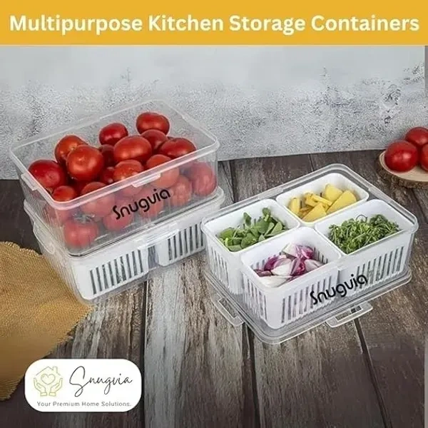 Snugvia 4-in-1 Fridge Storage Box with Airtight Lids, Divided Food Prep Containers for Veggies, Snacks, and Fruits – Durable, Transparent Organizer for Kitchen Storage with Draining System