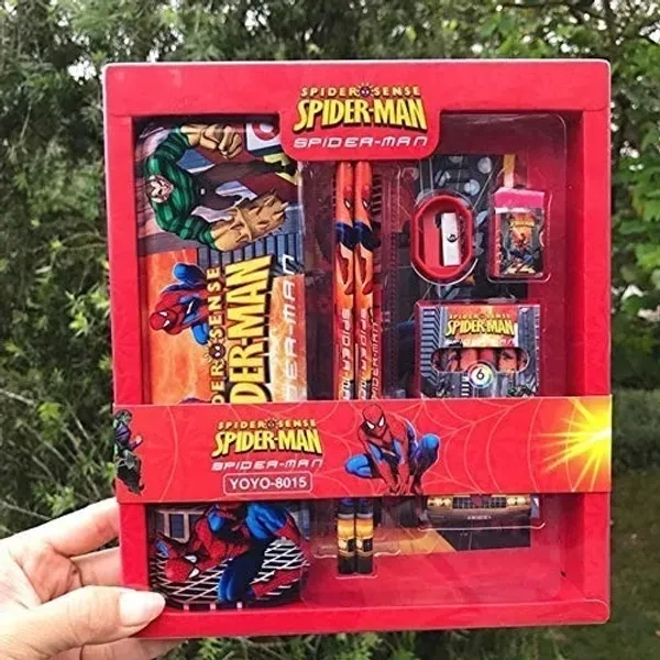 Cartoon Print Stationary Set for Kids, Metal Geometry Pencil Box/1 Ruler Scale/Pencil Sharpner/Eraser/2 Pencils and 6 Crayon Colors Set(Print May Vary)
