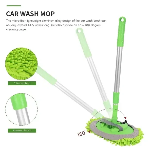 HUBTURE 2 in 1 Chenille Microfiber Car Wash Mop Mitt with 46" Aluminum Alloy Long Handle,Car Cleaning Kit Brush Duster,Scratch Free Cleaning Tool Dust Collector Supplies, 2Pcs Mop Head(Green)