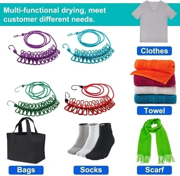 Portable Multi Functional Drying Rope with 12 Clips and 2 Hooks Durable Portable Outdoor Travel Clothesline Rope Clothes Hanging Hook (Multicolor)