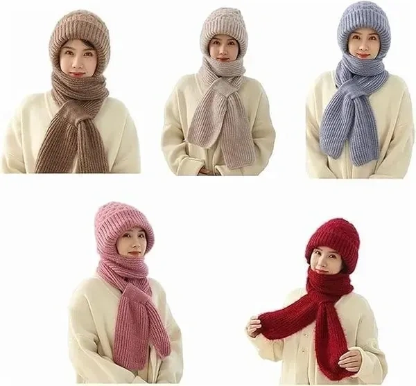 LETURE® Women’s 2-in-1 Integrated Hat & Scarf, Windproof Winter Woolen Cap with Ear Protection, Cold-Resistant Fleece Lining, Soft & Comfortable for Winter Activities Multicolour, 1 pic
