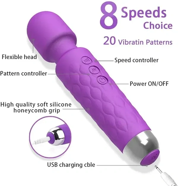 FERMOR Silicone Wand Massager USB Rechargeable 20 vibration Patterns 8 Speeds 100% waterproof siliconPortable Hand Held Electric Cordless Personal Full Body Massager.