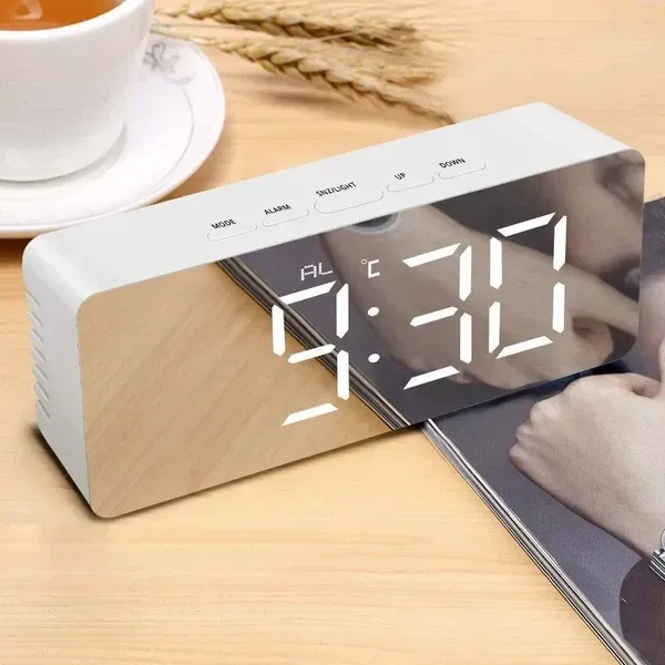 Honestum Digital LED Alarm Clock, Mirror Alarm Clock for Heavy Sleepers Kids Large LED Display with Snooze Time Temperature Function for Bedroom, Office, Travel - Battery Powered & USB Powered (White)