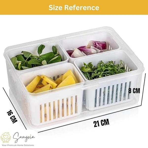 Snugvia 4-in-1 Fridge Storage Box with Airtight Lids, Divided Food Prep Containers for Veggies, Snacks, and Fruits – Durable, Transparent Organizer for Kitchen Storage with Draining System