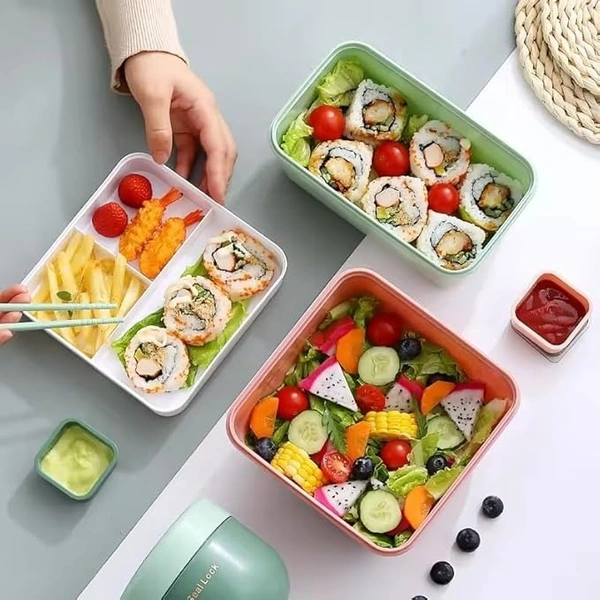 Cazuela Portable Plastic Salad Box, 3-Compartment Lunch Box Food Storage Container with Lunch Box (Blue)
