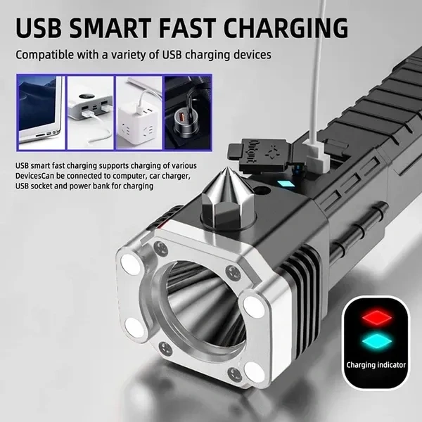  Torch Light,LED 3W Torch Light Rechargeable Torch Flashlight,Long Distance Beam Range Car Rescue Torch with Hammer Window Glass and Seat Belt Cutter Built