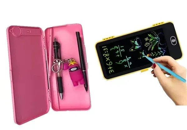 KOBBET® 2in1 Pencil Case Geometry Box with LCD Tablet Graphic LCD Writing Tablet with Pencil Box Geometry Box Magic Pencil Case with LCD Board Tablet Birthday Gift Return Gift for Kids (2)