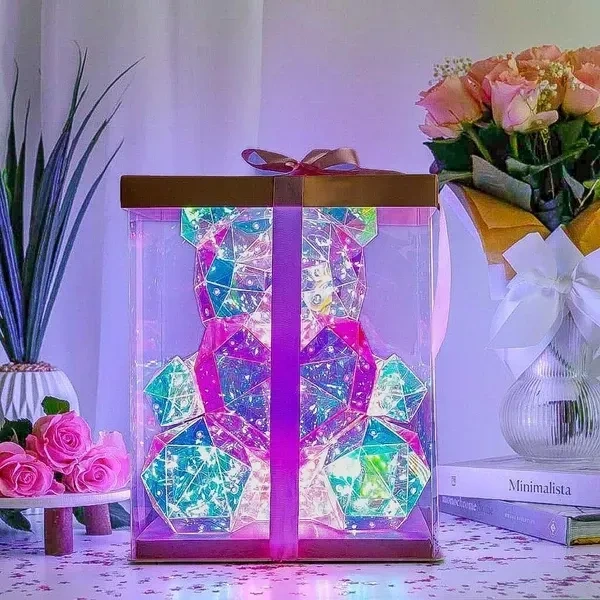 Tagve Gorgeous Shining LED Teddy Bear Holding a Pink Heart, Forever Valentine's Day Anniversary and Birthday 10 inch Mood Lighting Galaxy Lamp