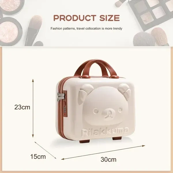 Women Small Hard Shell Cosmetic Bag 14 Inch /16 Inch Cute Bear Beauty Makeup Bag Organizer Cartoon Travel Suitcase Luggage Storage Bag, Beige, Small (14 Inch)